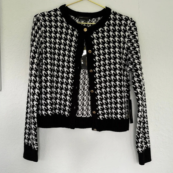 NWT BCBG Maxazria Black & White Houndstooth Print Cardigan M - Picture 2 of 7